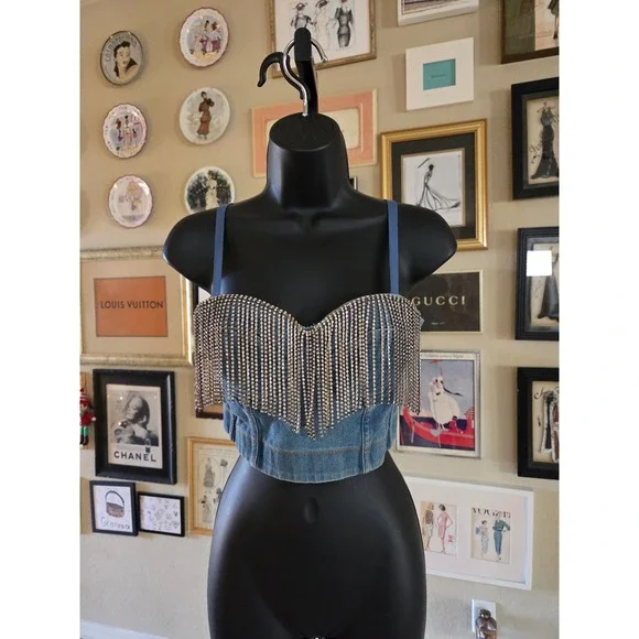 Y2K Denim Rhinestone Fringe Corset Top Lingerie Strap or Strapless‎ Bustier - Picture 2 of 6